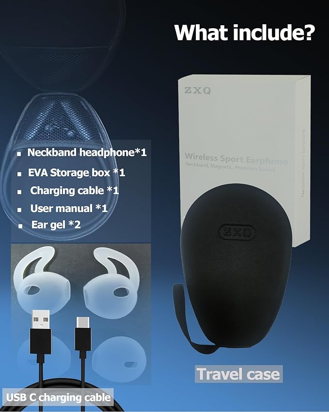ZXQ Wireless Bluetooth Neckband Headphones 100 Hours Long Playtime,Around The Neck Bluetooth Earbuds with Microphone,Waterproof Sport Earphone,Over The Neck Headset with Storage Travel Case(Black)