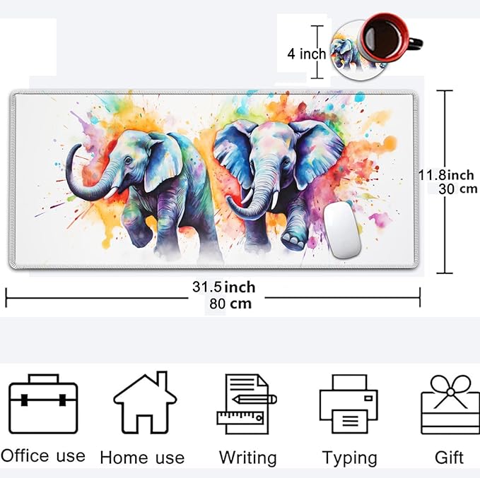Large Mouse Pad, 31.5 x 11.8in Extended Gaming Mouse Pad with Stitched Edges, XXL Mousepad Protector Non Slip Rubber Base for Office and Home Writing Mat, Painted Cute Elephant Pattern White Desk Mat