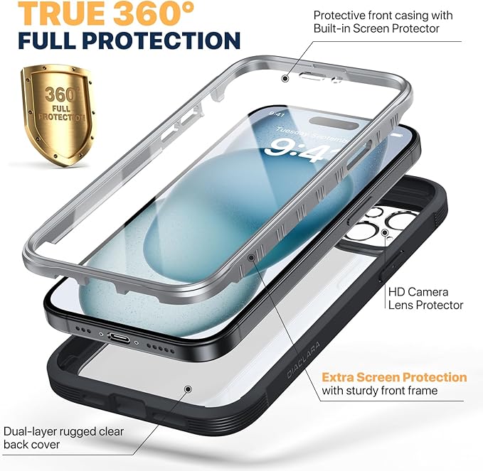 Diaclara Designed for iPhone 15 Plus Case 6.7'', Full-Body Clear Bumper Case with Built-in Screen Protector, 360 Protective Rugged Cover+9H Tempered Glass Camera Lens Protector, Black | 6.7'', 360 Protective, Rugged Cover