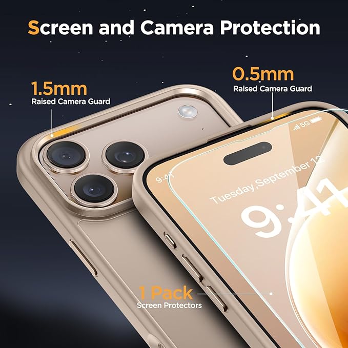 Miracase for iPhone 17 Pro Max Case with Screen Protector [Compatible with MagSafe] Slim Thin Phone Case Military-Grade Protected for 17 ProMax Cover Bumper 6.9", Khaki Gold