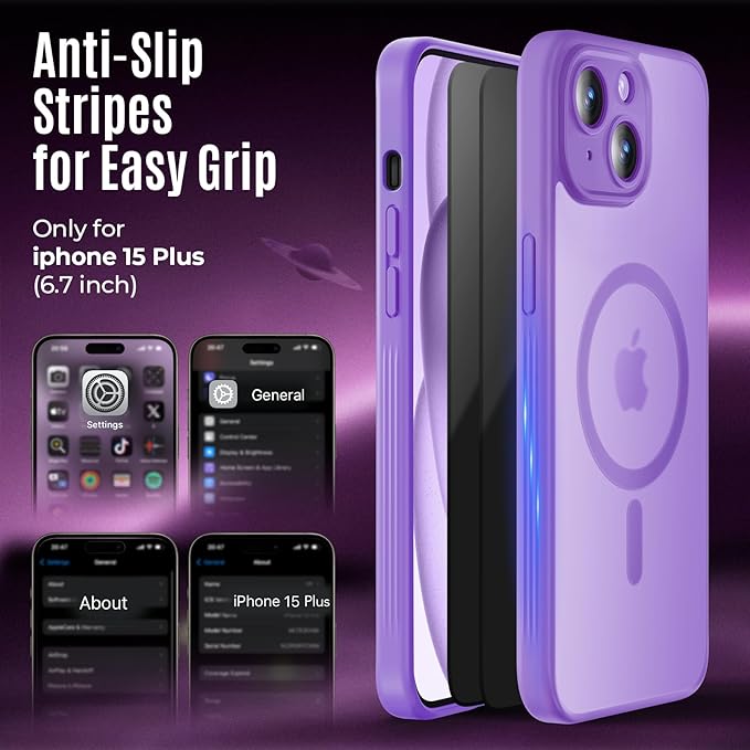 Symcele Designed for iPhone 15 Plus Case, Compatible with MagSafe, with Privacy Screen Protectors X2, [Camera Protection] [15FT Military Drop Protection] Shockproof Phone Case, 6.7", Light Purple
