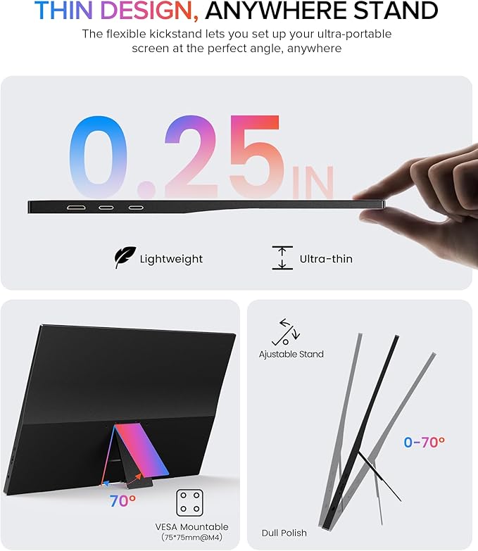 EVICIV Portable Monitor 15.6", 125% sRGB 1080P Laptop Monitor, 350 Nits, 2000:1 Contrast Ultra-Slim Display, USB-C & MINI HDMI, VESA & Case, Travel Second Screen for Computer, Mini PC, Game Consoles