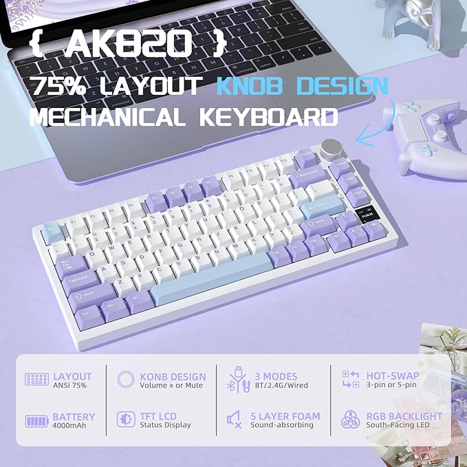 Attack Shark ajazz AK820 Pro Wireless Mechanical Gaming Keyboard Hot Swappable TFT Display & Knob RGB Backlit BT 5.1/2.4Ghz /Type-C Wired Gasket-Mounted Custom Keyboard for PC/Win(Purple/Fish Switch)