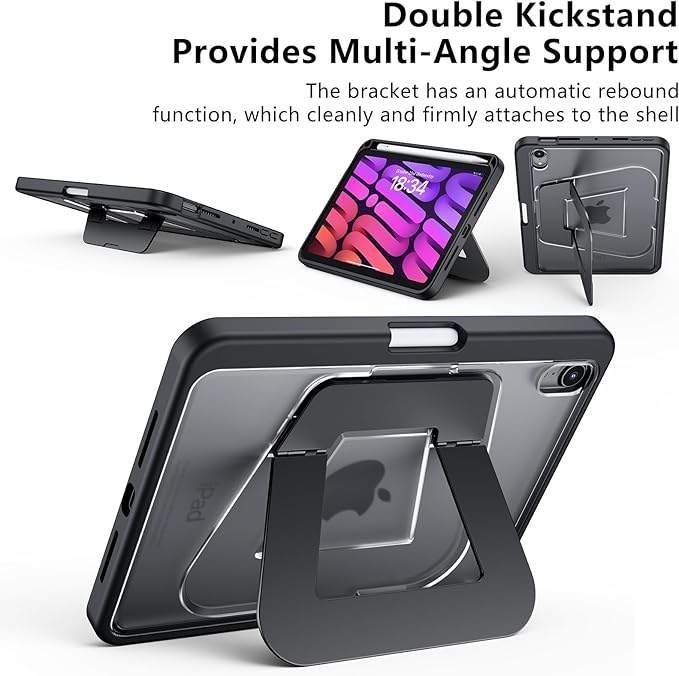 Case for iPad mini6/7,Dual Multi-Angle Adjustable Kickstand Protective Case with Built-in Pencil Holder,Hard Backplate,Black