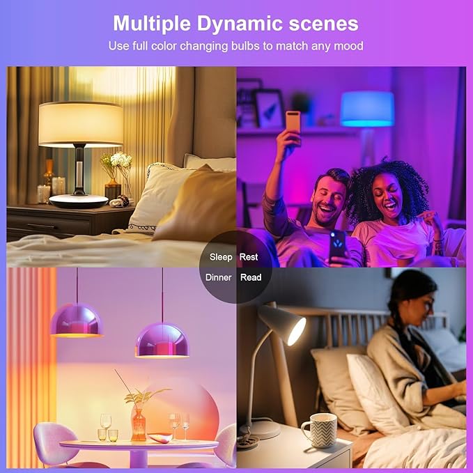 FRIDEKO HOME LED Smart Light Bulbs - Wi-Fi & Bluetooth Light Bulbs, Color Changing Light Bulb Compatible with Alexa and Google Assistant, A19 E26 RGBTW Light Bulb, 800LM (4 Pack)