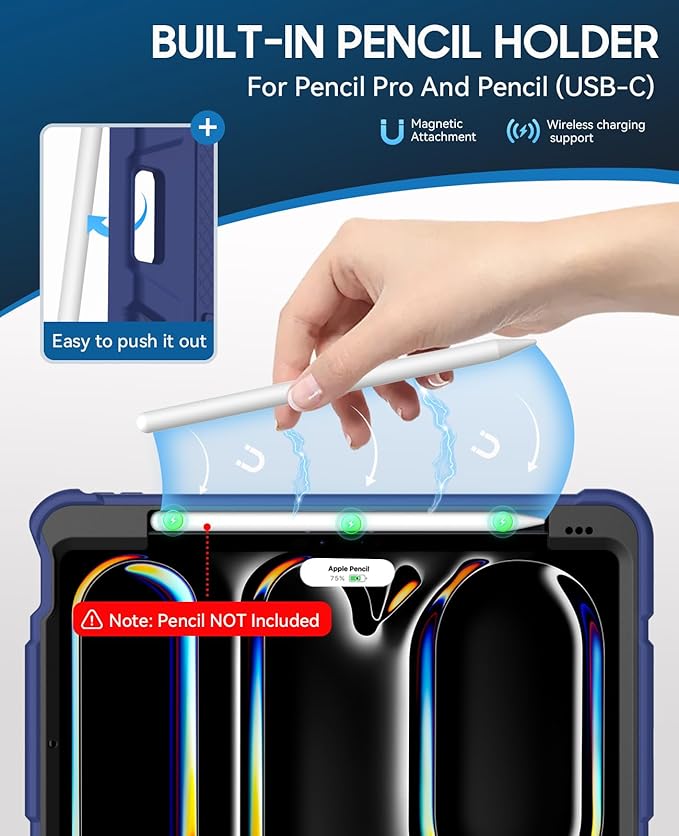 Case for iPad Pro 11 Inch Case (M5 2025/ M4 2024) with Pencil Holder, Built-in Stand, Military Grade Shockproof Protective Cover for iPad Pro 11" (Navy Blue)
