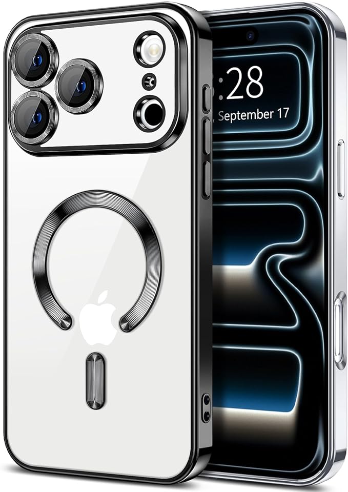 Hython Magnetic Clear for iPhone 17 Pro Max Case with Camera Lens Protector [Compatible with MagSafe] Plating Edge Slim Soft TPU Cover Protective Phone Case for iPhone 17 Pro Max 6.9", Black