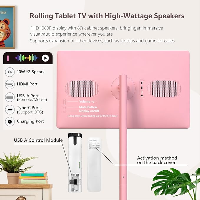 OFD 32" Portable TV on Wheels FHD,Android15 OS,Touchscreen TV with 8+128GB Storage,Rolling TV Built-in Battery 6-8H Play Time,Portable TV Tablet with Remote & Vioce|8MP Webcam|Speaker,Fully Rotatable