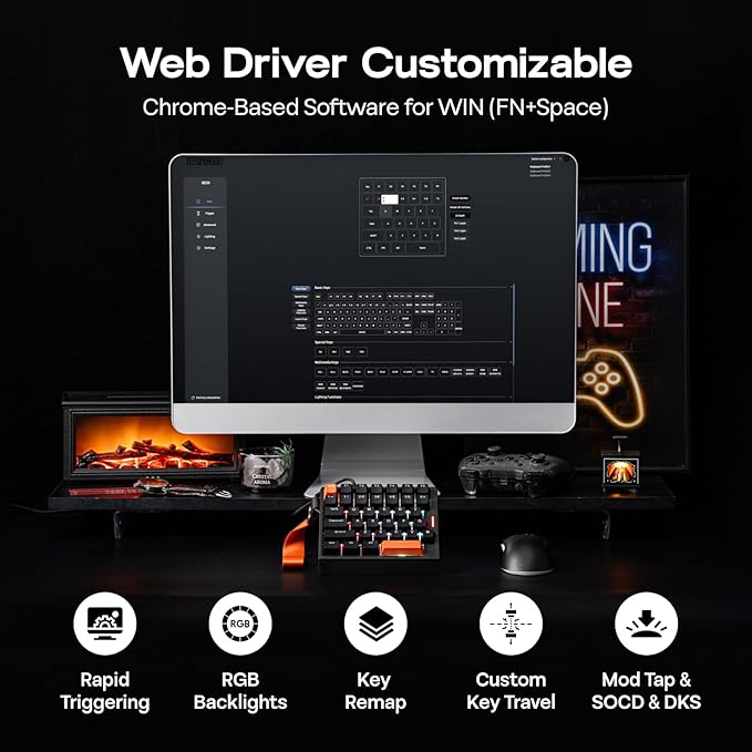 EPOMAKER HE30 One-Handed Hall Effect Keyboard, 8K Polling & 0.125ms, SOCD & Snap Key, Adjustable Trigger, PBT Keycap, RGB, Custom Software, Wired Gaming Keyboard for PC/Gamer (Black Orange)