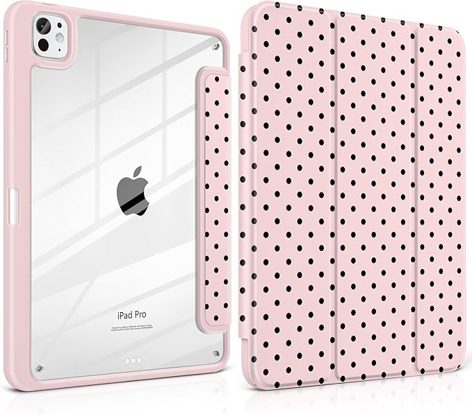 Case for iPad Pro 11 Inch (M5 2025 M4 2024) – [Built-in Pencil Holder], Shockproof & Stylish, Clear Hard Back + Soft TPU Edge, Magnetic Trifold Stand, Auto Wake/Sleep, Pink Polka dot
