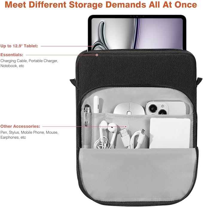 Dadanism 13 Inch Tablet Sleeve Shoulder Bag with Handle for iPad Pro 13" M4 2024, iPad Air 13", iPad Pro 12.9", Galaxy Tab S10+ Plus/S9 FE+/S9+ Plus 12.4", Remarkable Paper Pro 11.8", Black Gray