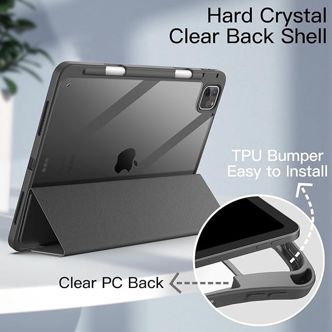 JETech Case ONLY for iPad Pro 11 Inch (2022/2021/2020/2018) with Pencil Holder, Clear Transparent Back Shell Slim Stand Shockproof Tablet Cover, Auto Wake/Sleep (Space Gray)