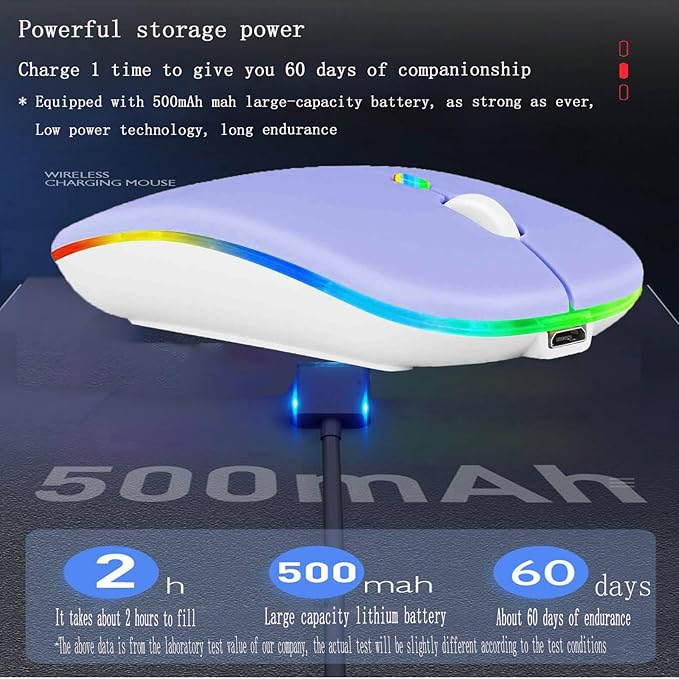 Guiheng Wireless Bluetooth Mouse,LED Dual Mode Rechargeable Silent Slim Laptop Mouse,Portable(BT5.2+USB Receiver) Dual Mode Computer Mice,for Laptop,Desktop Computer,ipad Tablet,Phone,Mac(Purple)