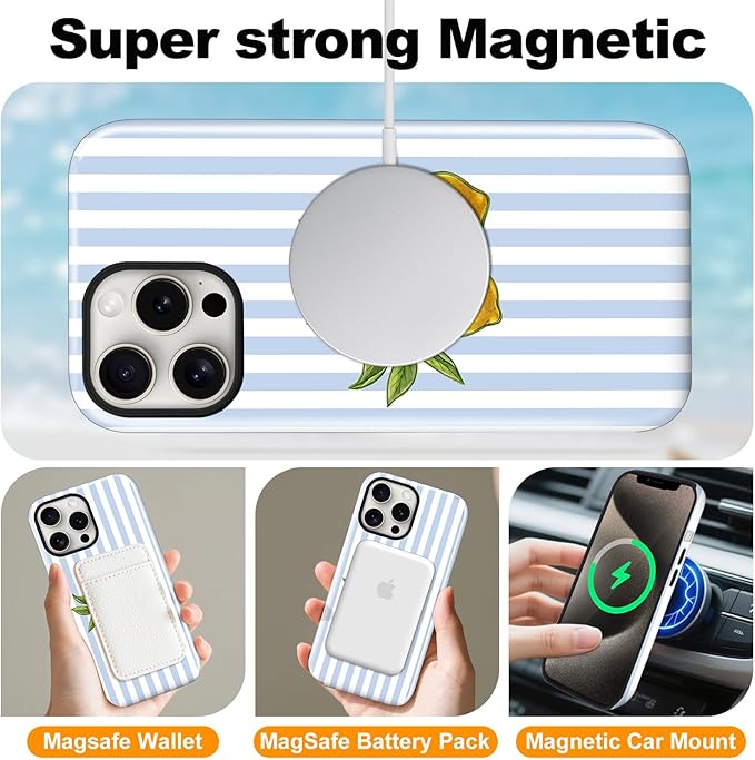 Magnetic for iPhone 16 Pro Max Case Cute Lemon Stripes Phone Case, Shockproof Slim TPU and Hard PC Protective Phone Cover Compatible with MagSafe Designed for Women Girls, Blue