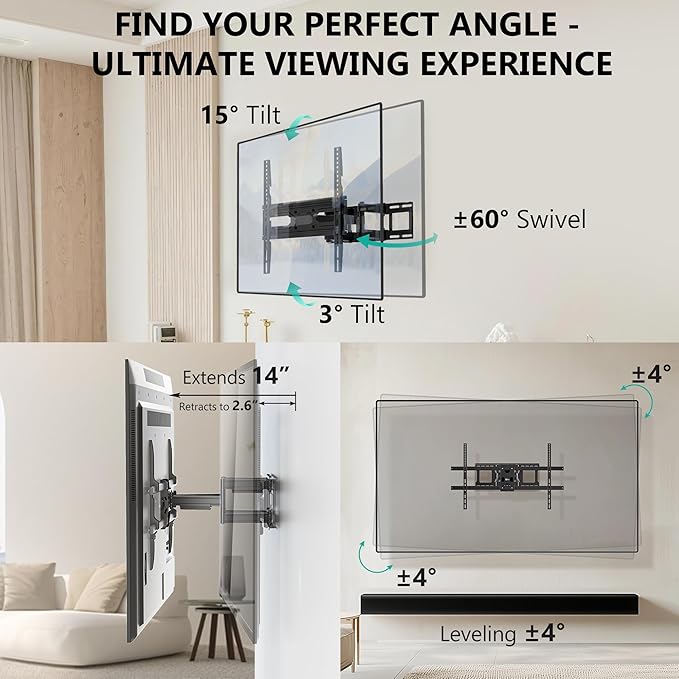 WALI Full Motion TV Wall Mount for 32–70 Inch TVs – Dual Articulating Mount with Swivel, Tilt & Extension | VESA up to 400x400mm | Fits 12/16" Wood Studs | Holds Up to 88 lbs