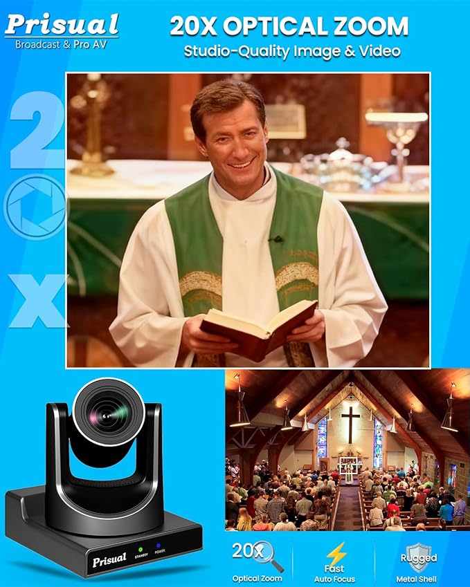 Prisual NDI PTZ Camera System Gen 5, NDI 6 & NDI HX3 Certified, 20X Optical Zoom, AI Auto Tracking, PoE HDMI SDI Bundle PTZ for Church Worship, PTZ Controller, (NDI PTZ Bundle TEM-20N PROx2+TEM-JOY1)