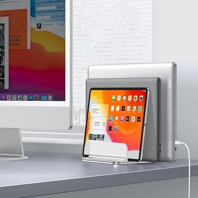 OMOTON Vertical Laptop Stand [Updated 3-Slots Version], Desktop Aluminum Mac Book Stand with Adjustable Dock Size, Fits All Mac Book, Chrome Book and Gaming Laptops (Up to 17.3 inch), Bright Silver