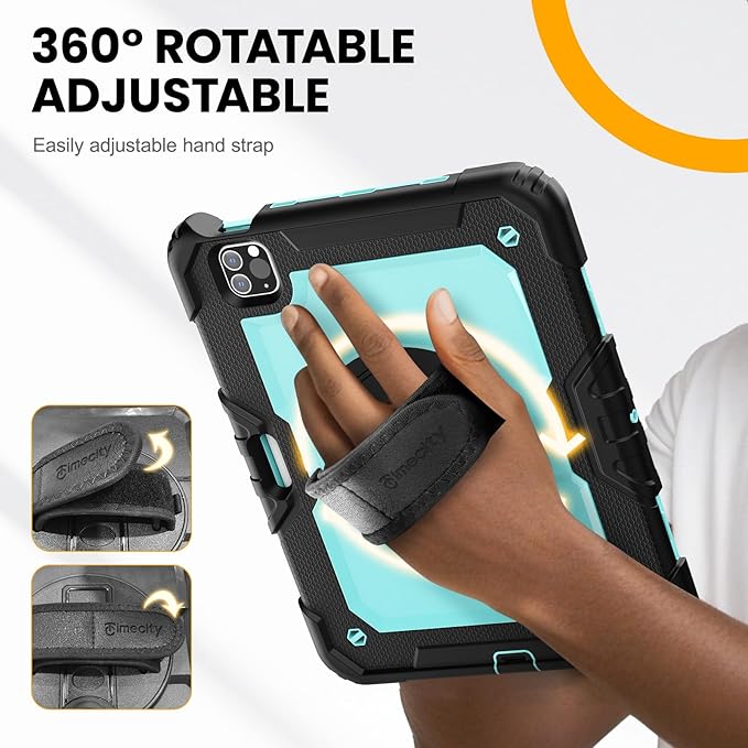 Timecity Case for iPad Pro 11 inch 2022/2021 (4th/ 3rd Generation), Shockproof with Screen Protector, Swivel Stand, Handle, Shoulder Strap, Pencil Holder Case for iPad Pro 11 Inch- Light Blue