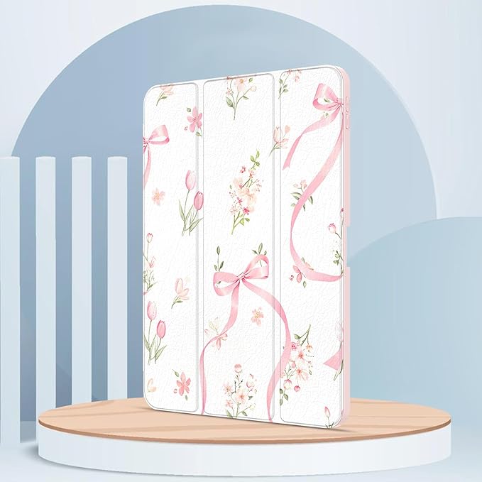 Case for iPad Pro 11 inch 4th/ 3rd/ 2nd / 1st Generation (2022/2021/2020/2018), Case with Pencil Holder, Clear Back Cover Cute Cool Design for Women Girls, Auto Sleep/Wake, Bow Tulip