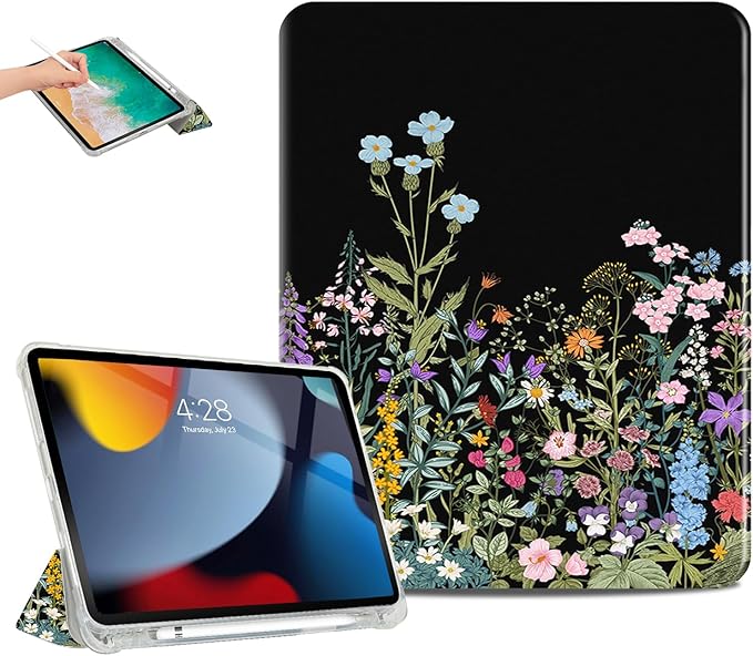 for iPad (A16) 11Th/10Th Generation Case 2025/2022,for iPad Case 11Th/10Th Generation,10Th/11Th Gen Slim Cover Pencil Holder & 2 Viewing Angles & Typing Stand, Colourful Flowers on Black