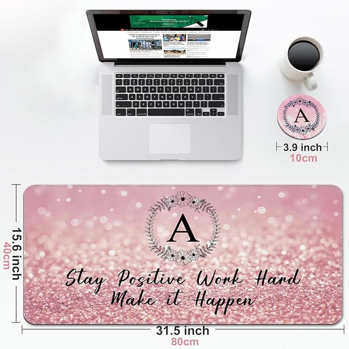 Pink Large Gaming Mouse Pad with Coaster, Desk Mat, Mouse Pad for Computer Keyboard Laptop Office Decor, Stitched Edges Extended Mousepad, 31.5'' x15.6'' -Letter A
