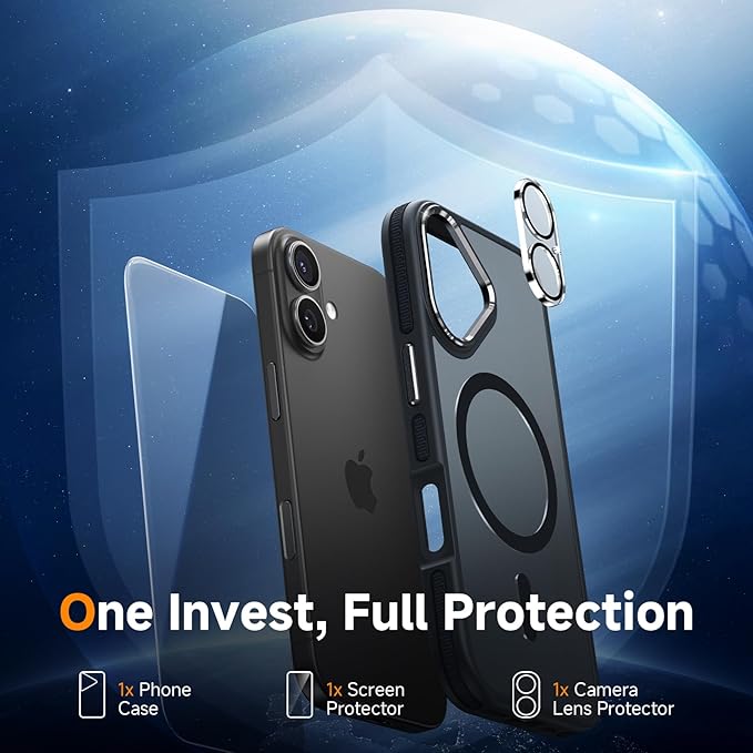 Magnetic 3 in 1 for iPhone 17 Case, [Omni-Directional Protection] with 1x Screen Protector + 1x Camera Cover, [Seamless Work with Magsafe] Translucent Protective Silm Phone Case for iPhone 17 Black