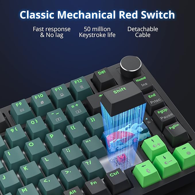 Fogruaden Wired 75% Percent Mechanical Keyboard Hot Swappable, Red Switch, RGB Backlit, 82 Keys TKL Mechanical Keyboard, NKRO Compact Gaming Keyboard, Volume Control Knob (Soundwave)
