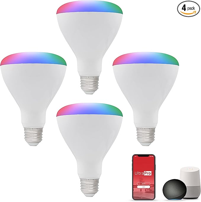 UltraPro Wi-Fi LED Smart Light Bulb, BR30, 65W Equivalent, RGB, Color Changing, White Select Tunable 2700K - 6500K, Dimmable, 2.4GHz Router Required, Circadian Rhythm, Easy-to-Use App, 4 Pack, 51458