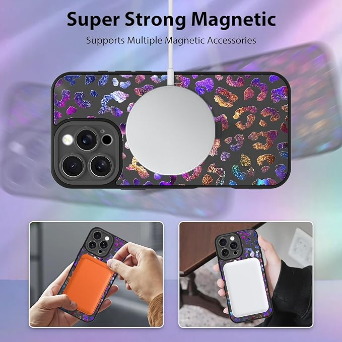 KANGHAR Compatible with iPhone 16 Pro Max Case, Support for MagSafe, Silicone Cute Iridescent Leopard Cheetah Pattern, Wristband Kickstand Shockproof Protective Slim Cover for Women Girls, Black