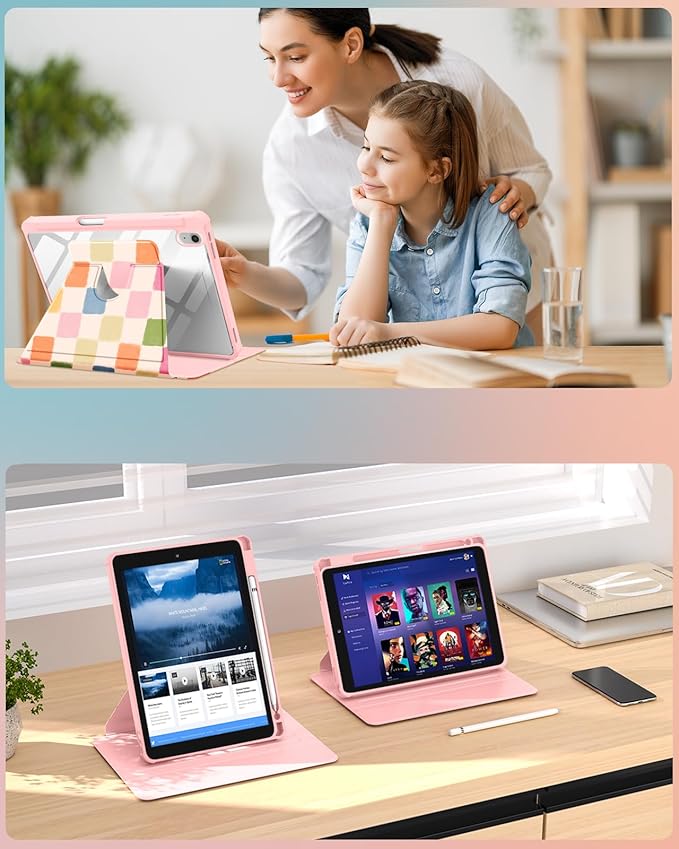 Uppuppy for iPad A16 Case for iPad 10th Generation Case 10.9 inch - 360 Degree Rotating Stand Folio Smart Cover with Pencil Holder for Women Girls, Colorful Checkered for Apple 10th 2022/11th 2025