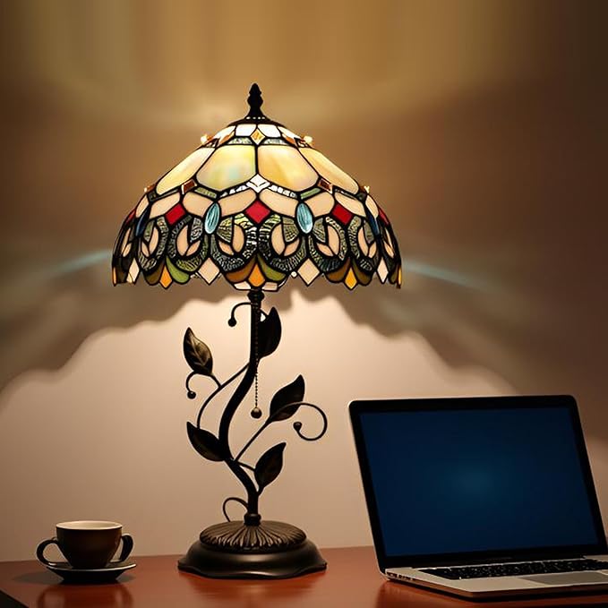 Tiffany Table Lamp, Stained Glass Style Desk Lamp, 12X12X19 Inch,Bedside Reading Light, Metal Leaf Base (Seven Color Baroque)