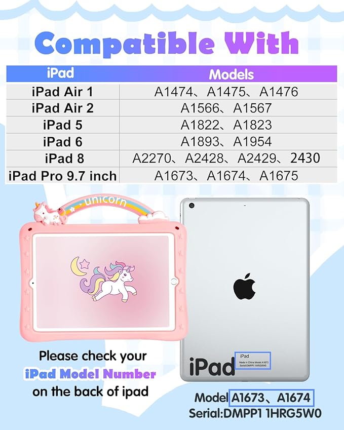 Wazzasoft iPad Case for 6th/5th Generation (2018/2017), Air 1st/2nd Gen, Pro 9.7 (2016) - Girls Girly Cute Cartoon Kawaii Design Silicone Cover With Rotating Stand & Strap