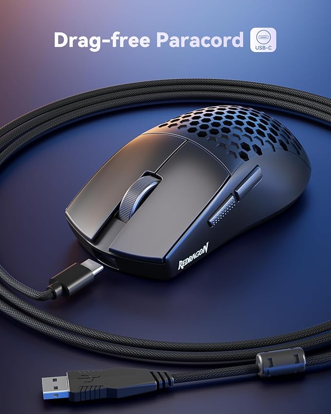 Redragon M617 Ultralight Honeycomb Shell Wired Gaming Mouse, 41g, 10,000 DPI, 6 Programmable Buttons, Drag-Free Paracord, Type-C Gamer Mouse with 2 Side Buttons for PC/Mac/Laptop, Black