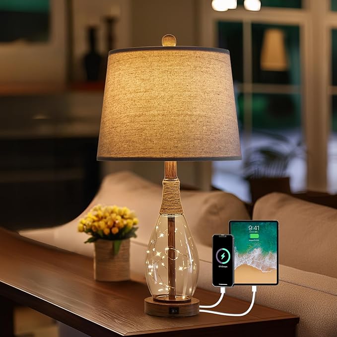 OYEARS 23" USB A+C Table Lamp for Bedroom Living Room Modern Bedside Lamps Retro Farmhouse Rattan Glass Nightstand Nightlight Lamps,Two Light Points