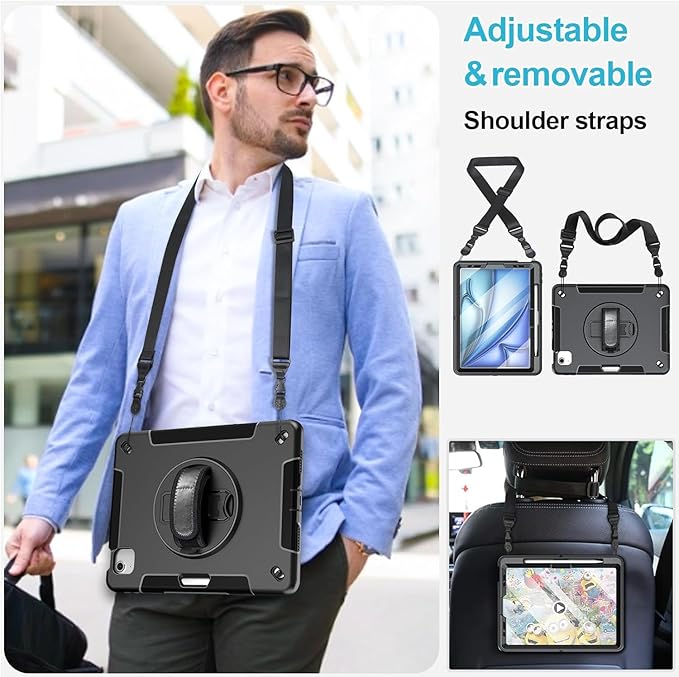 Case for iPad Air 13 Inch M4/M3/M2 (2026/2025/2024): TPU Shockproof Case with Screen Protector - Stand - Handle - Shoulder Strap - Pen Holder-Black