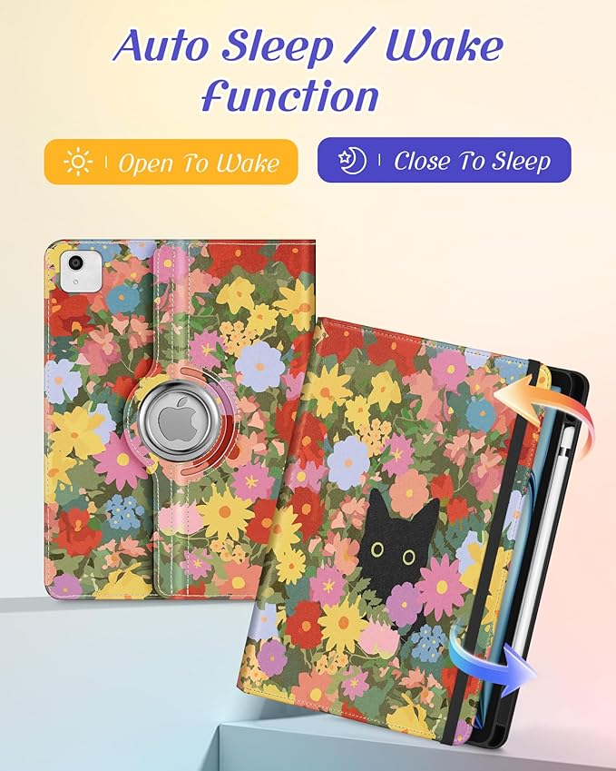 Kidcube for iPad Air 11 Inch Case M3/M2, Air 5th/4th Generation Cases 10.9'', Pro 11'' 2020 - Women Girls Aesthetic Cute Rotating Stand Folio Cover with Pencil Holder & Card Slot Kawaii Cat Flower