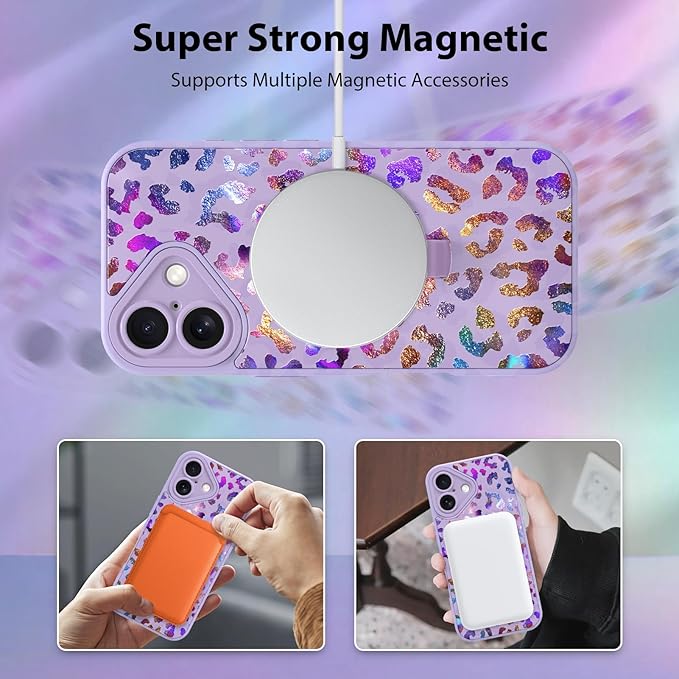 KANGHAR Compatible with iPhone 16 Case, Support for MagSafe, Silicone Cute Iridescent Leopard Cheetah Pattern, Wristband Kickstand Shockproof Protective Slim Cover for Women Girls, Purple