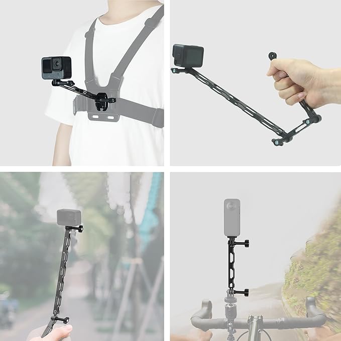 3-in-1 Aluminum Extension Arms for GoPro Hero 13/12/11/10/9/8/7, Universal Extension Bar for Insta360 X5/X4/X3/ONE RS and DJI Action Cameras with Thumb Screws and 1/4” Adapter