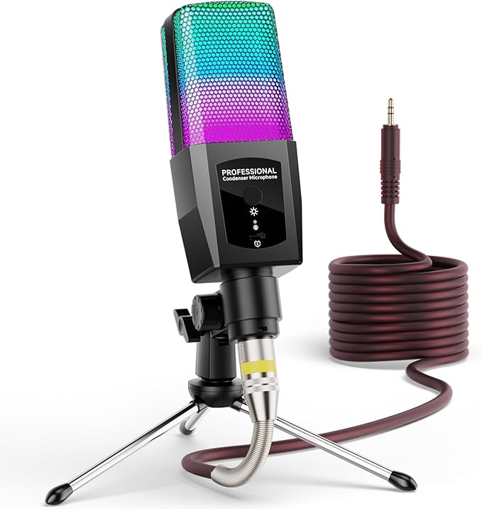 Multifunction Condenser Microphone, RGB Light Gaming Mic, 3.5mm XLR, Plug and Play for PC/Laptop/Audio Interface Mixer/Sound Card, Cardioid Studio Condenser Recording Mic for Podcast Streaming Singing