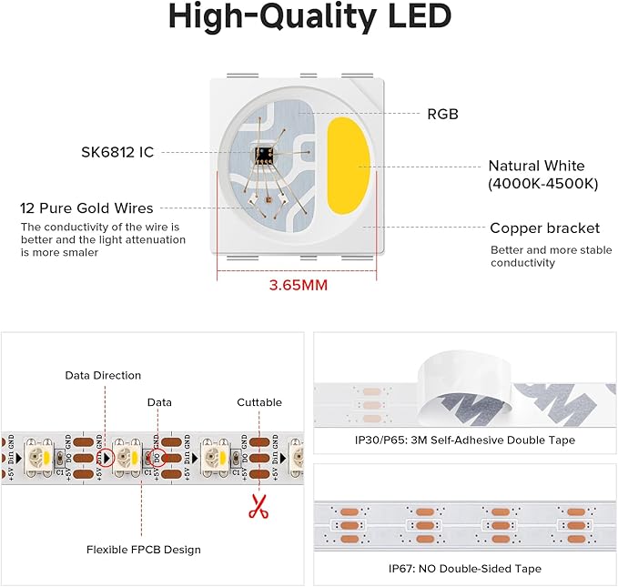 BTF-LIGHTING SK6812(Similar WS2812B) UL Listed RGBW RGB+Natural White(4000K) Individually Addressable DC12V 16.4FT 60LED/m 4 Color in 1 Light Dream LED Strip IP30 White PCB(No Adapter or Controller)