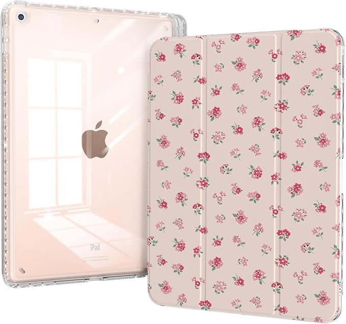 Case for iPad 10.2-inch 9th Generation (2021)/ 8th Generation (2020)/ 7th Gen (2020), Protective Slim Clear Back Cover with Pencil Holder, Trifold Sturdy Stand, Pink Ditsy Floral