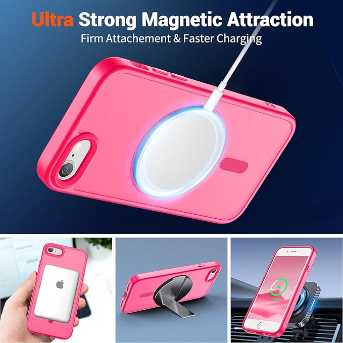 SUPFINE Magnetic for iPhone SE Case 2022 (3rd)/2020 (2nd), iPhone 8 Case (Compatible with MagSafe) (Military Grade Drop Protection) Translucent Matte Phone Case, Hot Pink