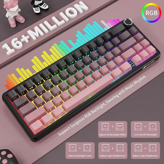 ATTACK SHARK X66 Wireless Mechanical Gaming Keyboard with Knob,Tri Mode USB-C/BT5.0/2.4G Gasket Mounted 60% RGB Gaming Keyboard,Side Printed PBT Keycap, Hot Swappable Strawberry Switch(BlackBerry)