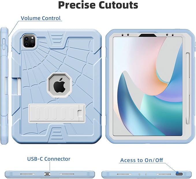 TSQQST Case for iPad Pro 11 Inch 4th/3rd/2nd/1st Generation 2022 2021 2020 2018 with Pencil Holder | Rugged Kids Case with Stand for iPad Pro 11-Ice Blue