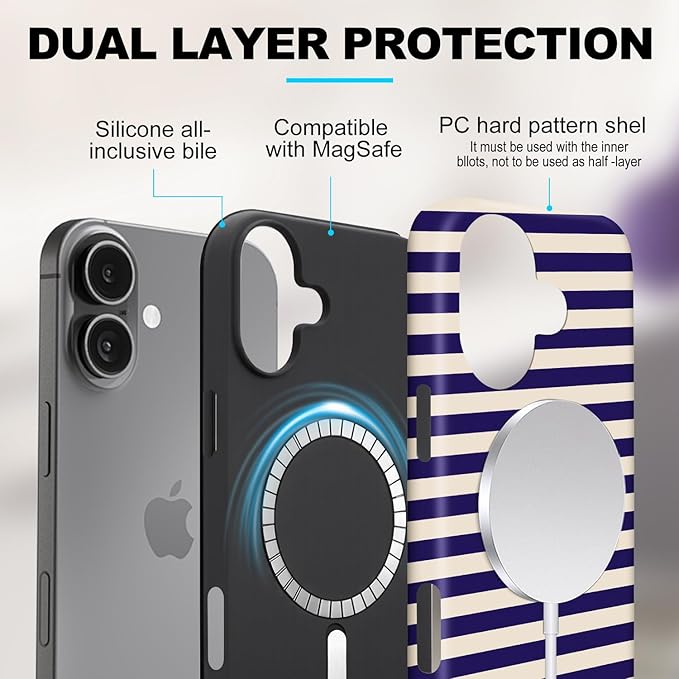 Magnetic for iPhone 16 Plus Case Cute Stripes Phone Case, Shockproof Slim TPU and Hard PC Protective Phone Cover Compatible with MagSafe Designed for Women Girls, Blue&Apricot