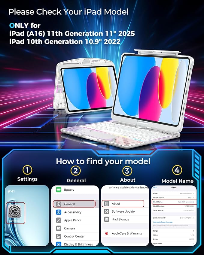 SIBEITU Keyboard Case for iPad A16 11th Gen 11" 2025 & 10th Gen 10.9" 2022, Clear Wireless Keyboard Protective Cover with Multi-Touch Trackpad, 7-Color Backlight & 3-Brightness, 360 Rotatable, White