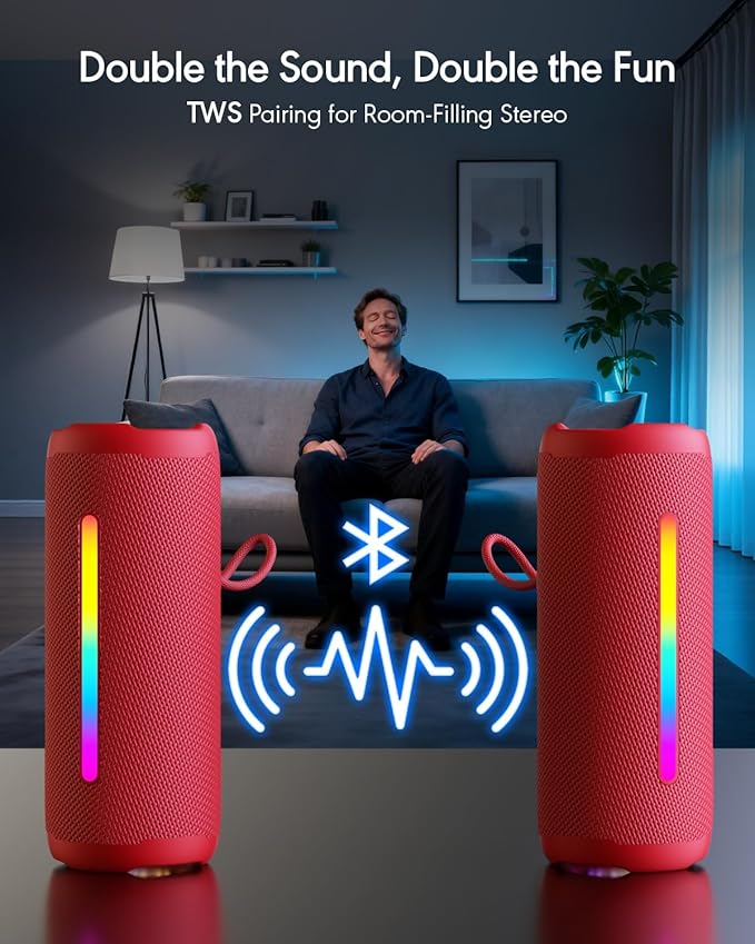 Portable Bluetooth Speaker, IPX7 Waterproof Wireless Speaker, 30W Loud Stereo Sound with Deep Bass, Bluetooth 5.4, EQ Mode for Home/Outdoor/Travel, Birthday Gifts for Adults Men Women Teen (Red)