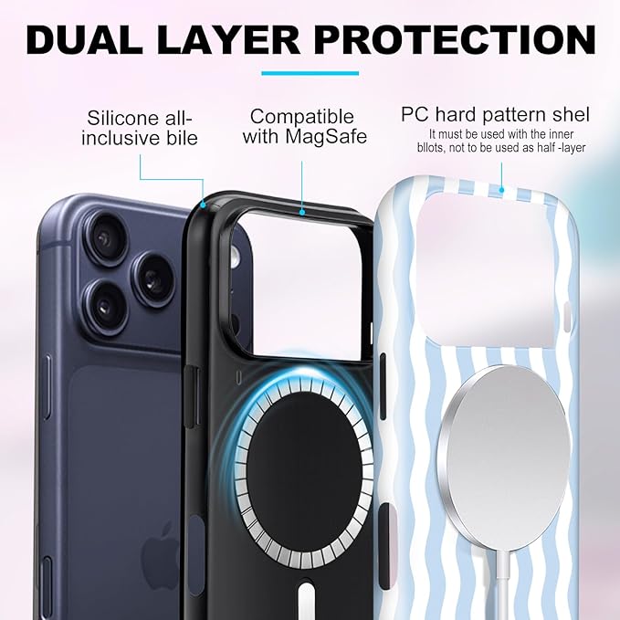 Magnetic for iPhone 17 Pro Case Cute Wavy Stripes Phone Case, Shockproof Slim TPU and Hard PC Protective Phone Cover Compatible with MagSafe Designed for Women Girls, Blue