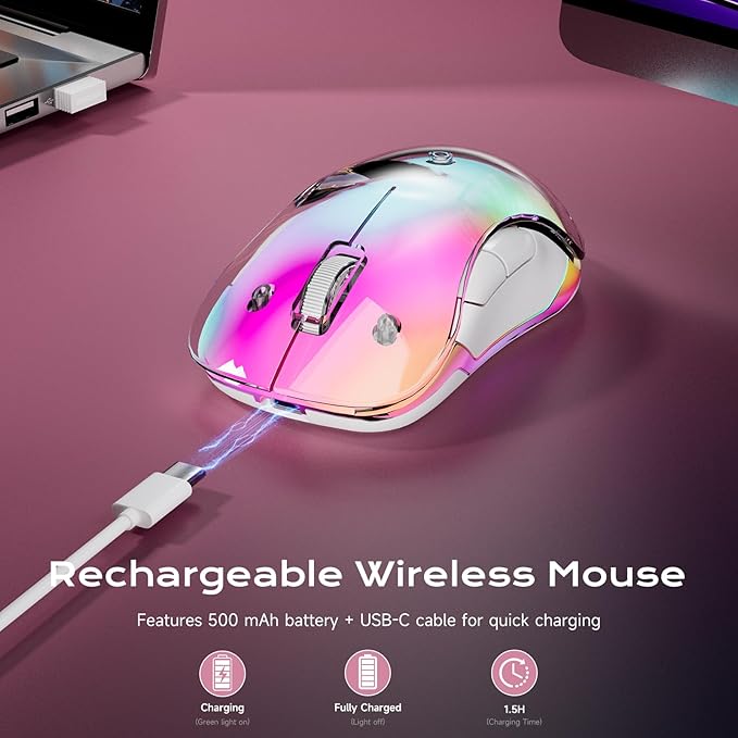 memzuoix 2.4G LED Wireless Mouse, Rechargeable Ergonomic Mouse with Detachable Cover, 1400 DPI Portable Optical Computer Mouse with USB Receiver for Laptop, PC, Desktop and MacBook, 5 Buttons-Pink