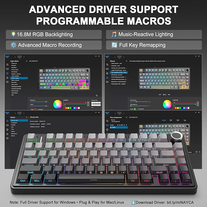 AULA F75 - 75% Wireless Mechanical Keyboard,Hot Swappable Custom Gaming Keyboard with Knob,BT5.0/2.4GHz/USB-C,RGB Backlit,Pre-lubed Reaper Switches,Double Shot PBT Keycaps,Mechanical Gaming Keyboards